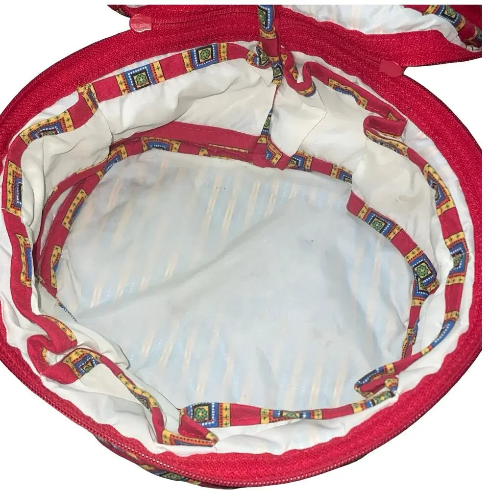 Vera Bradley Round Train Case Villa Red Quilted Cotton Makeup Cosmetic Bag VTG
